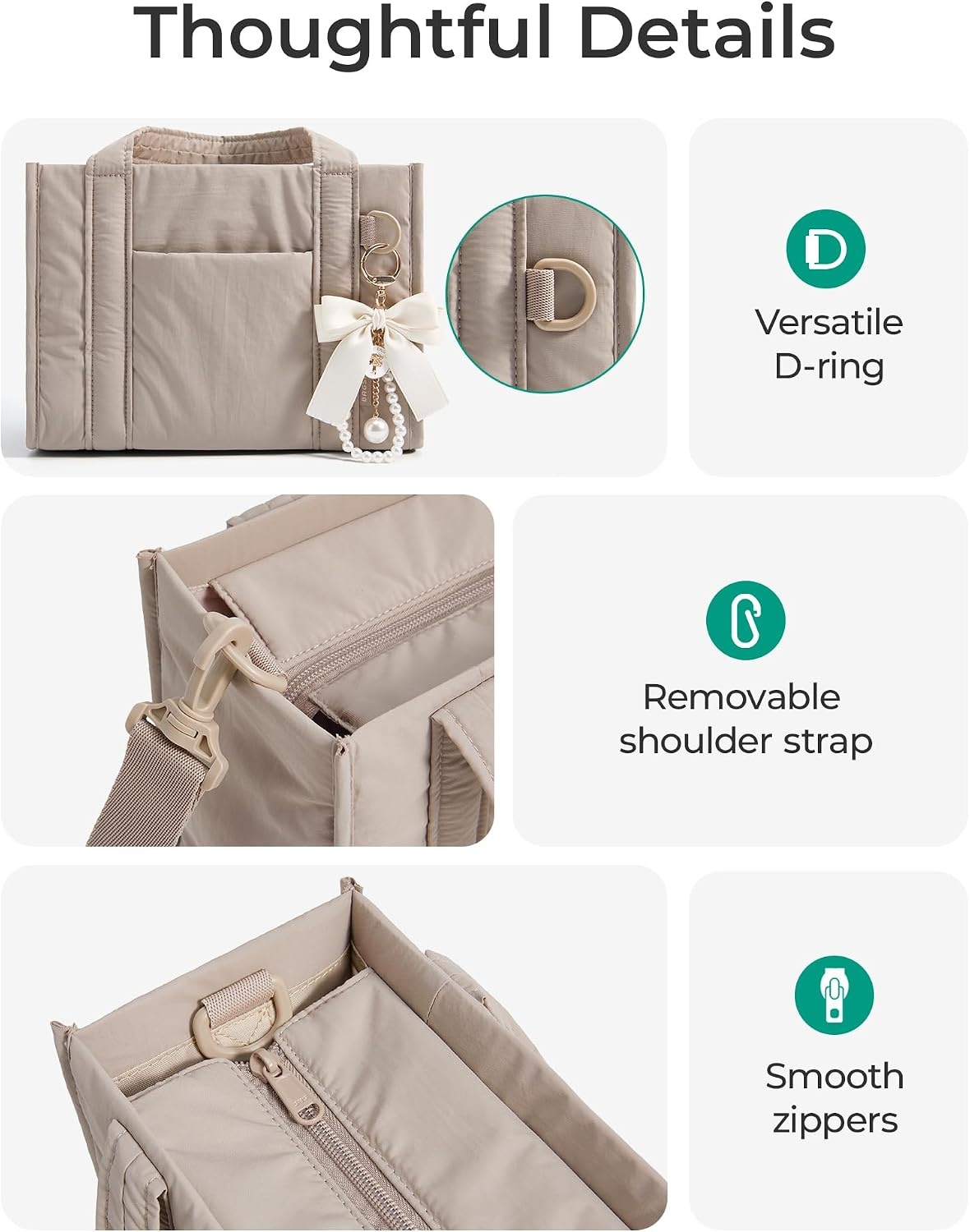 image:imageBAGSMART Boxy Tote Bag for Women Crossbody Bag with Zipper Crush Bow Purses for Travel Work CollegeKhaki