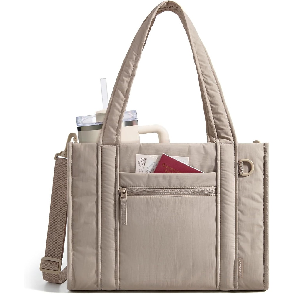 image:imageBAGSMART Boxy Tote Bag for Women Crossbody Bag with Zipper Crush Bow Purses for Travel Work CollegeTan
